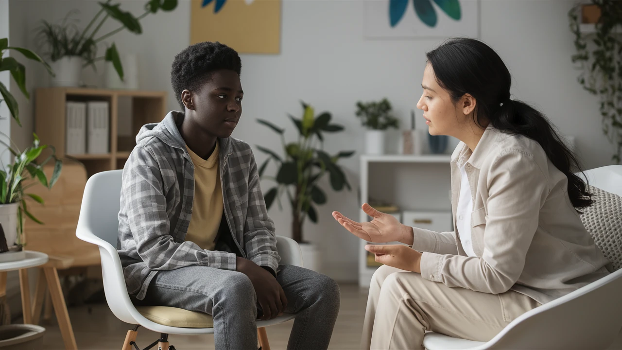Teen boy receiving personal mental health support during a one-on-one therapy session at clinic